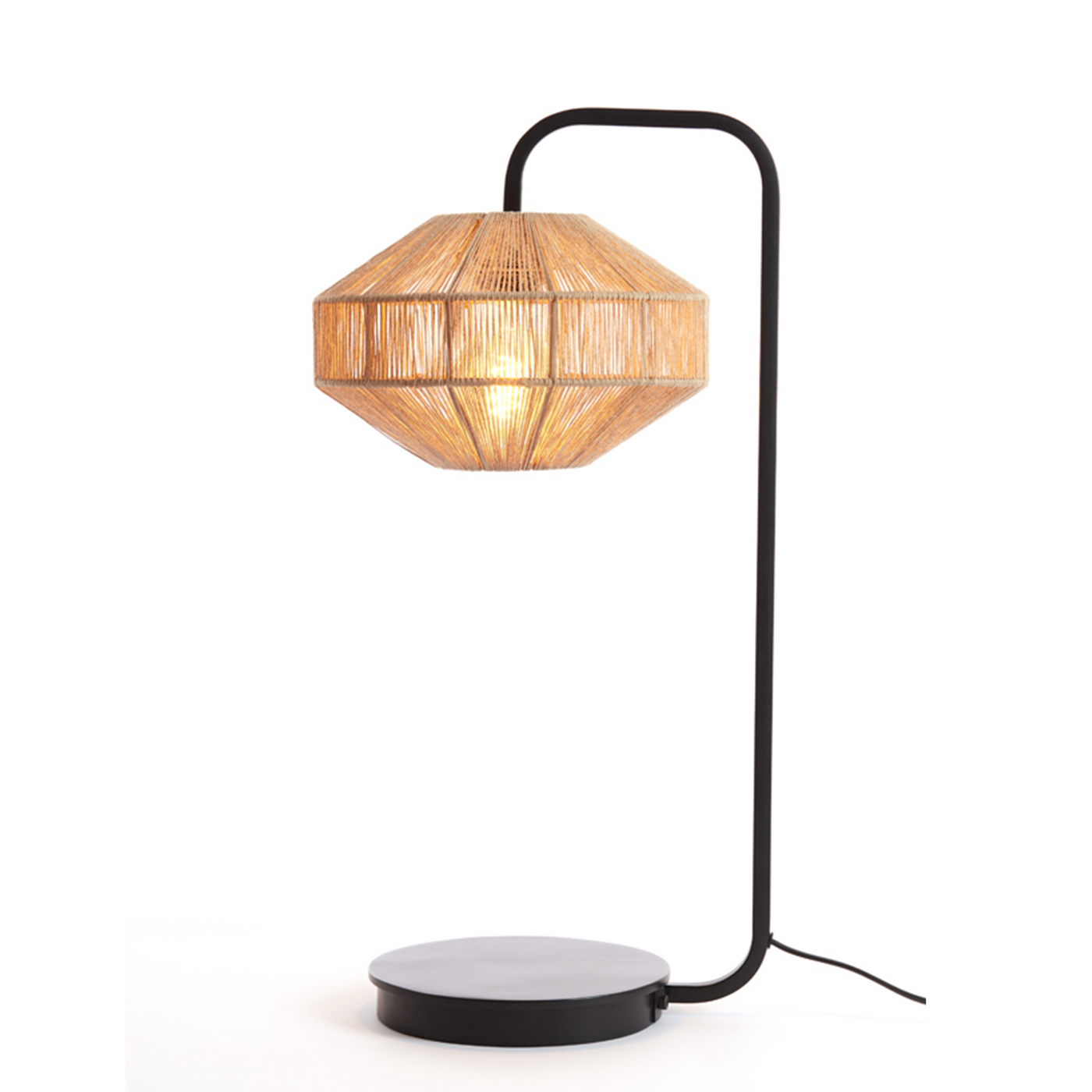 cut out image of woven table lamp with black metal body, warm glow emitting from bulb within