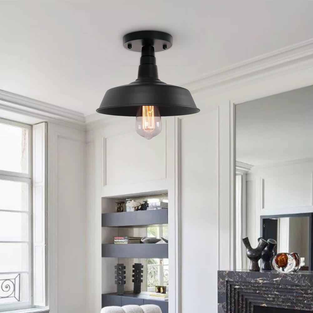 1-Light Black Pot Lid Semi Flush Mount 10.2"