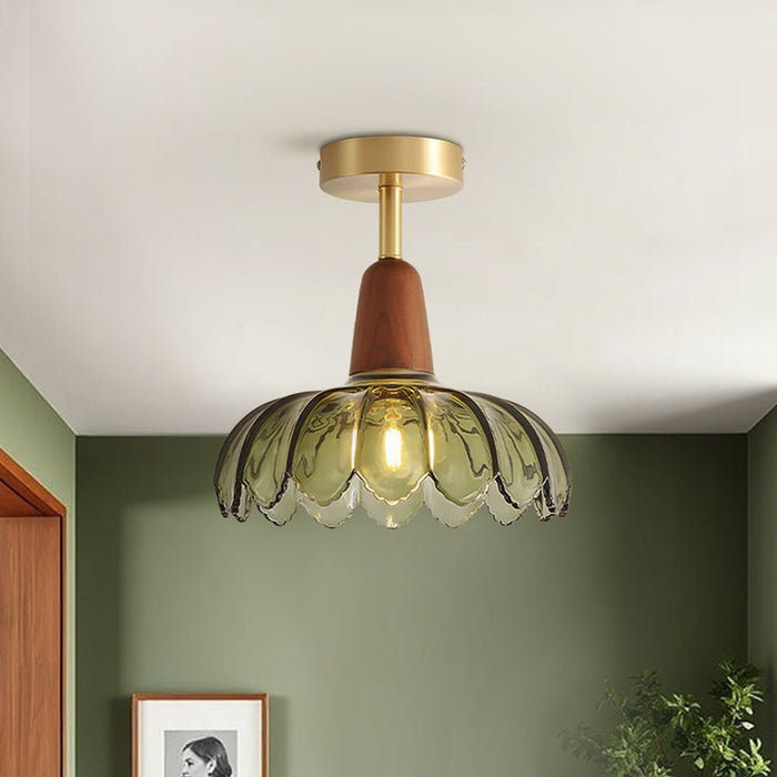 1-Light Glass Lotus Dome Semi Flush Mount Ceiling