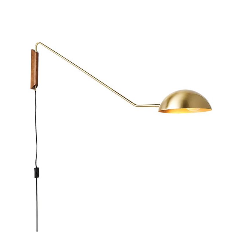 Brass Dome Swing Arm Wall Light on a Wood Mount, Slim Steel Arm, Plug-In with In-Line Switch, Set of 2, Bedside