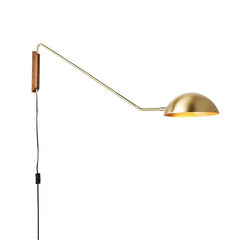 Brass Dome Swing Arm Wall Light on a Wood Mount, Slim Steel Arm, Plug-In with In-Line Switch, Set of 2, Bedside