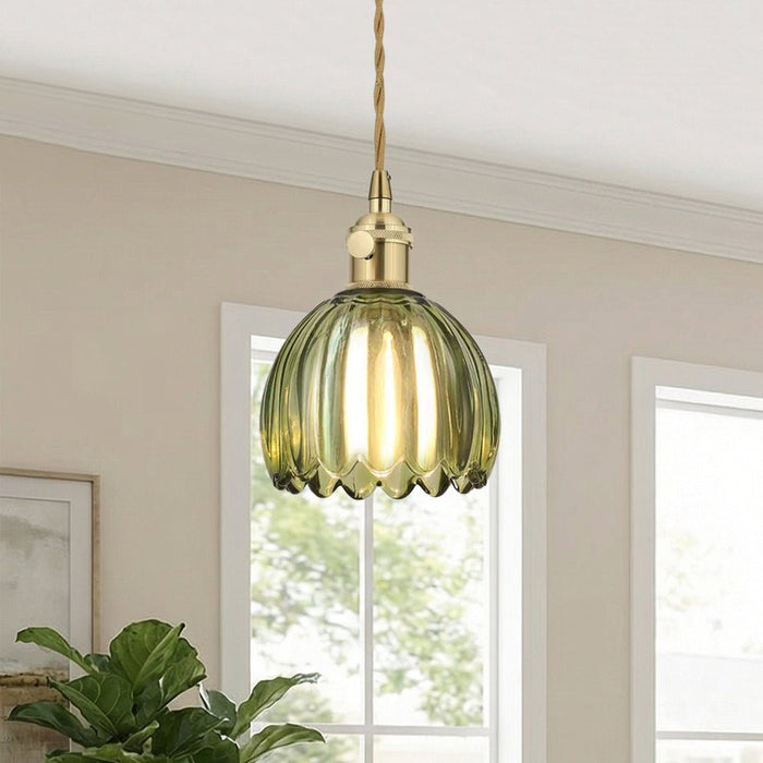 1-Light Vertical Stripes Dome Glass Pendant Light