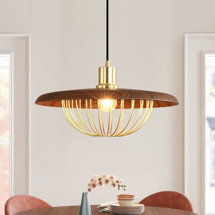 1-Light Walnut Wood Dome Pendant Lighting