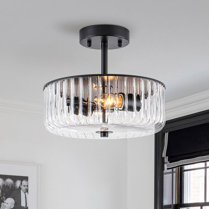 2-Light Black Ribbed Glass Semi Flush Mount