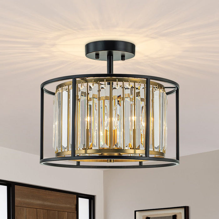 3-Light Cage Crystal Glass Drum Semi Flush Ceiling Light