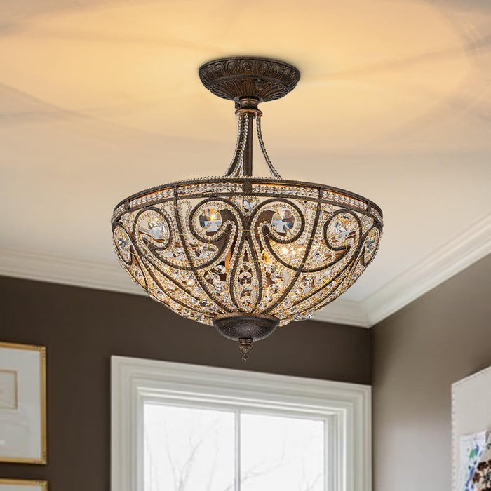 3-Light Crystal Dark Bronze Crystal Glass Flush Mount Chandelier