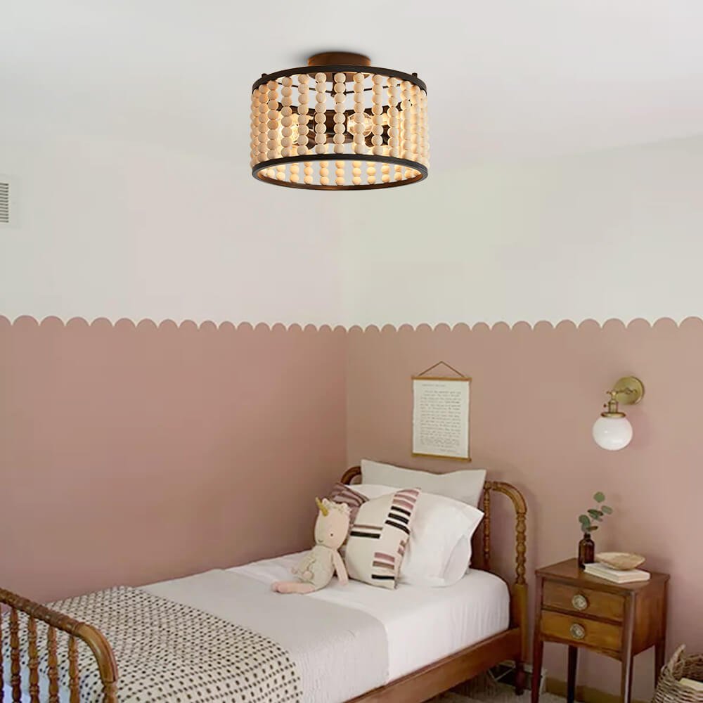 3 Light Wood Beaded Round Semi Flush Mount