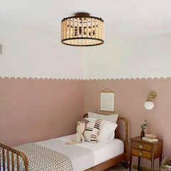 3 Light Wood Beaded Round Semi Flush Mount