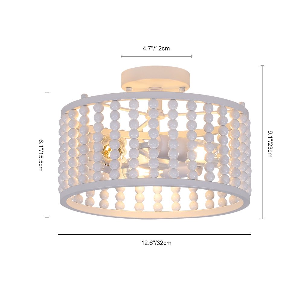 3 Light Wood Beaded Round Semi Flush Mount