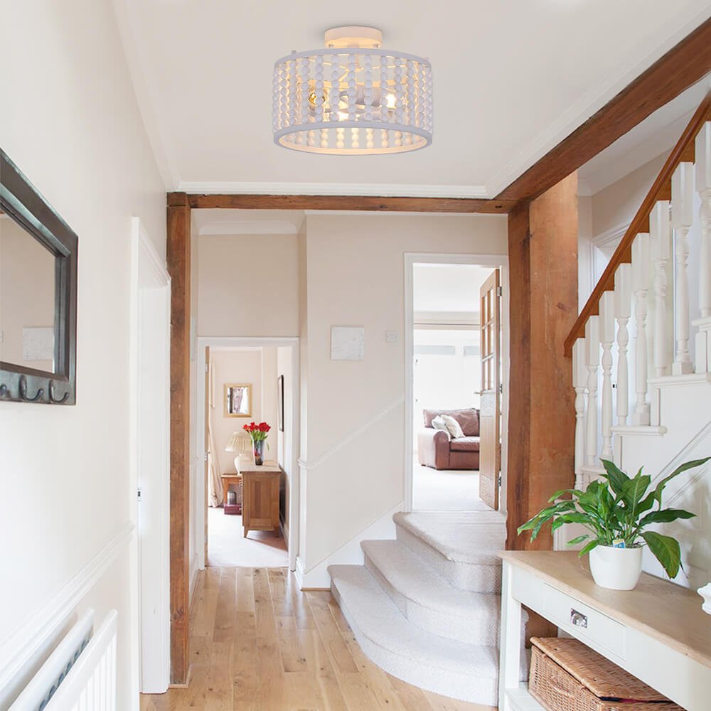 3 Light Wood Beaded Round Semi Flush Mount