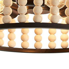 Wood Bead Drum Semi Flush Ceiling Light, 3 Light Natural Beads on a White Frame, Set of 2, Bedroom & Landing