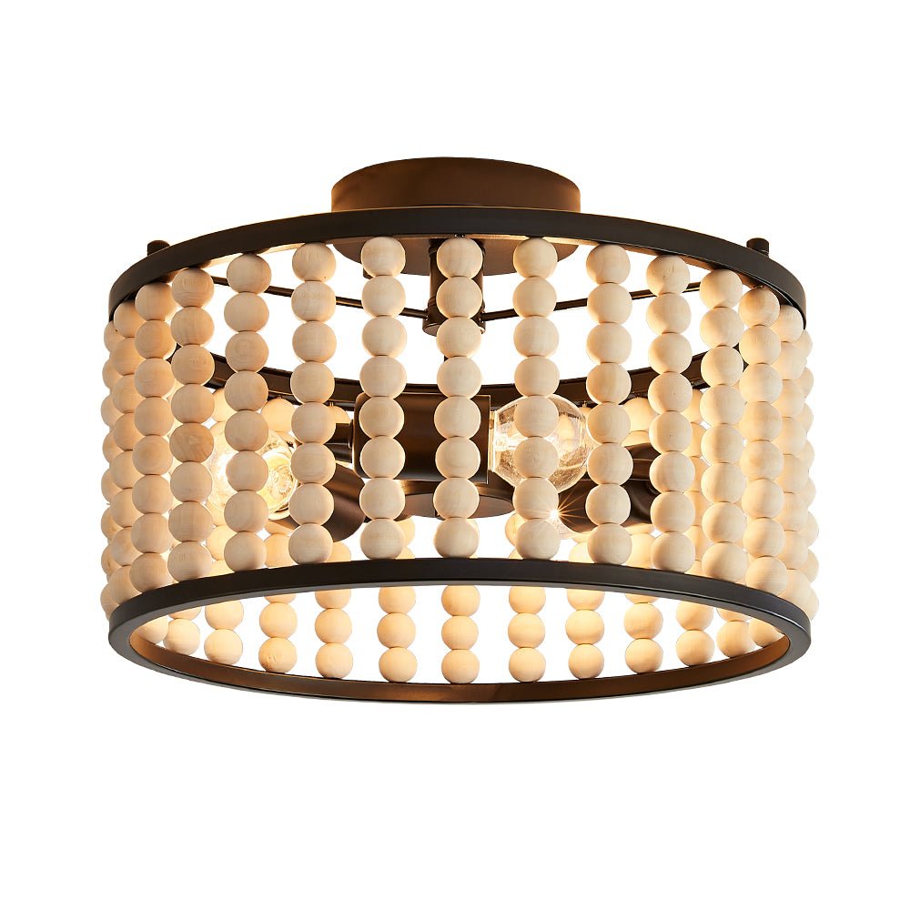 3 Light Wood Beaded Round Semi Flush Mount