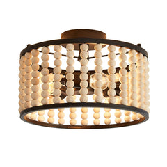 3 Light Wood Beaded Round Semi Flush Mount