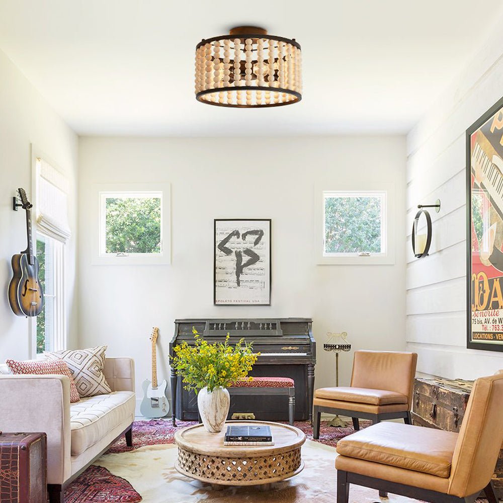 3 Light Wood Beaded Round Semi Flush Mount