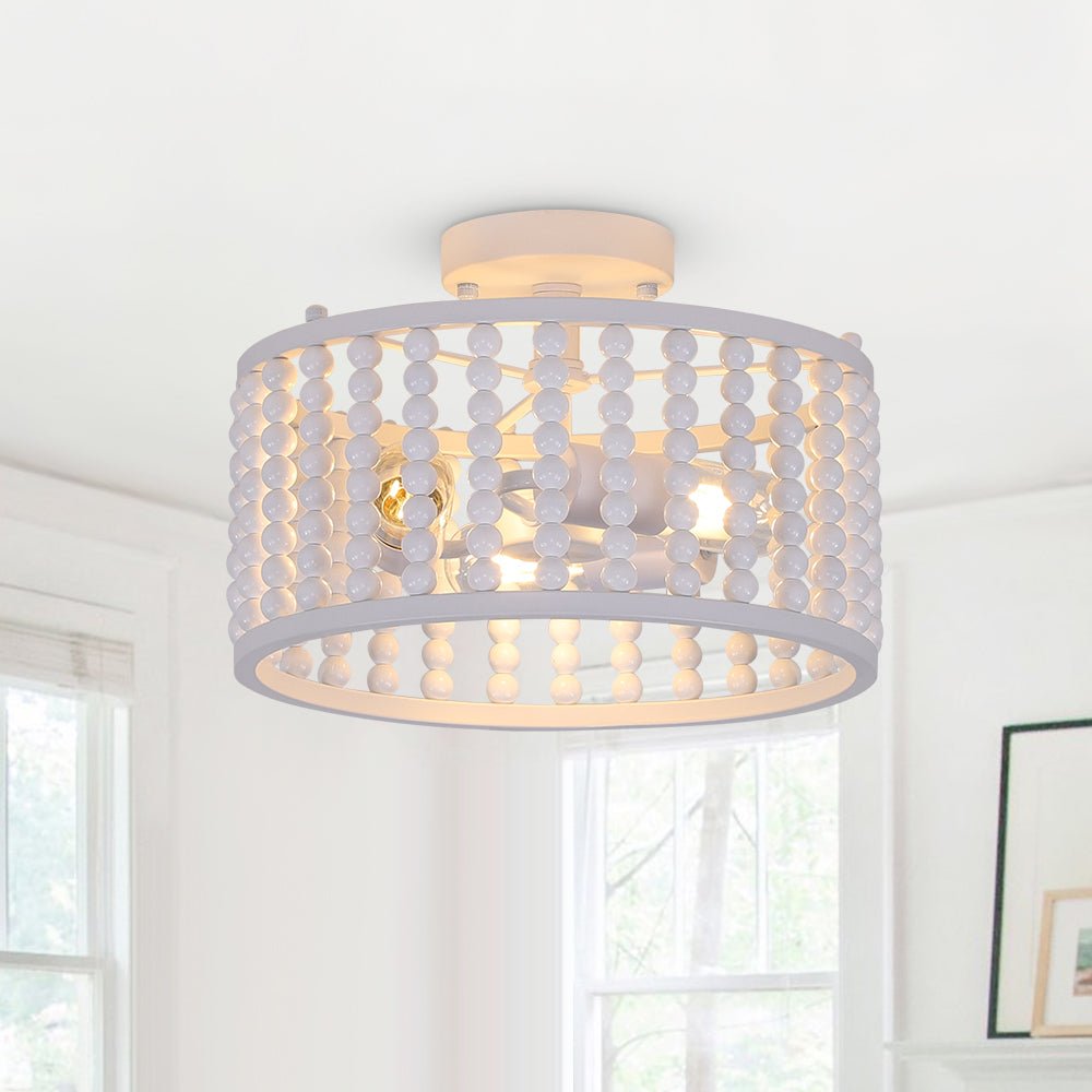 3 Light Wood Beaded Round Semi Flush Mount