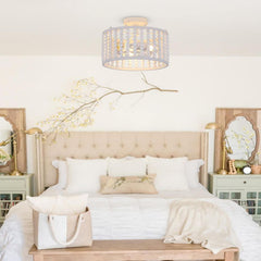 3 Light Wood Beaded Round Semi Flush Mount