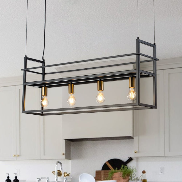 4-Light Designer Black Cage Rack Pendant Lighting