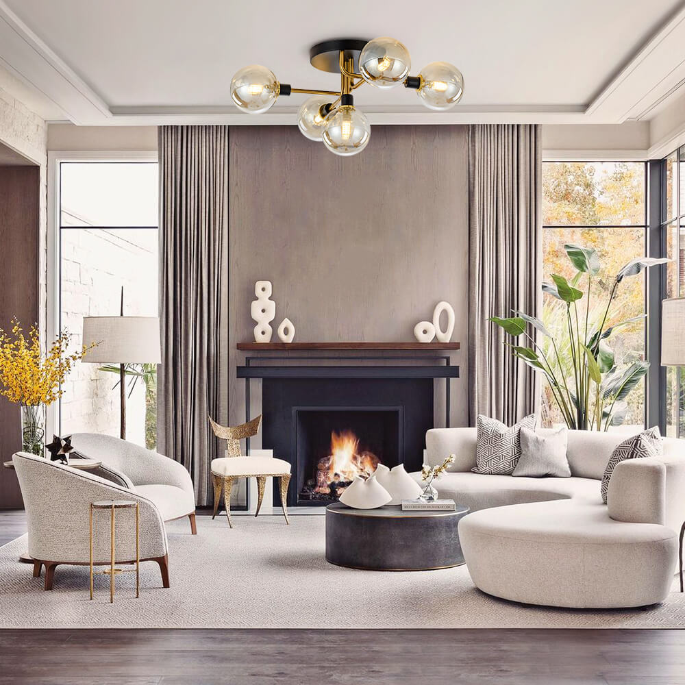 5-Light Modern Mid-Century Brass Semi Flush Mount Light