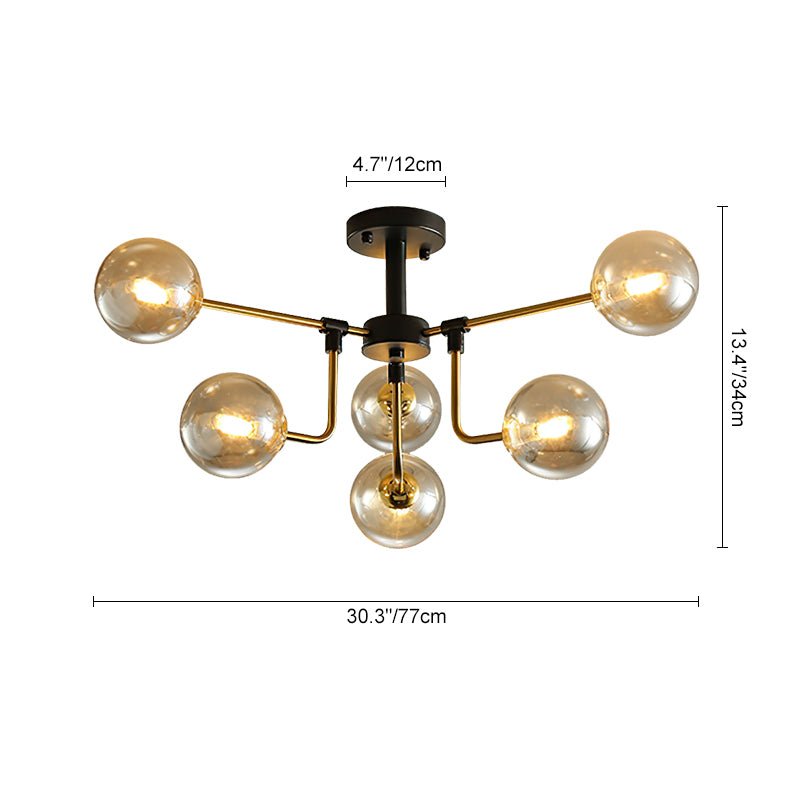 6 Light Amber Glass Sputnik Semi Flush Mount