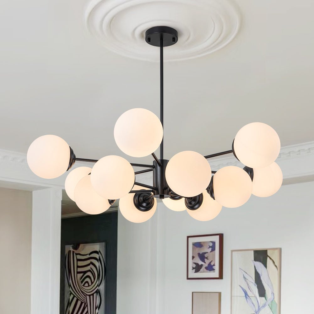 Opal Glass Globe Burst Chandelier, 12 Light Black Frame with Fixed Arms on Several Planes, Dining Table & Kitchen Island
