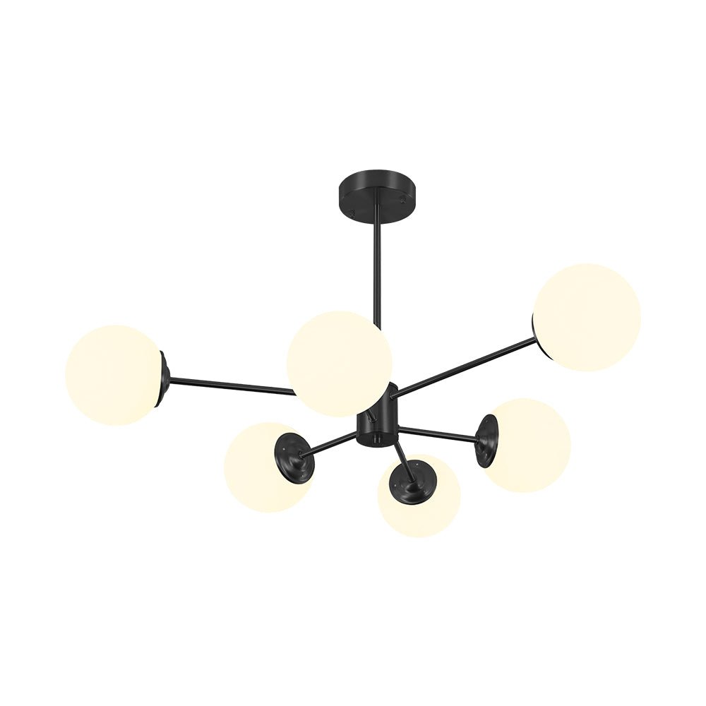 Opal Glass Globe Burst Chandelier, 6 Light Black Frame with Fixed Arms on Several Planes, Dining Table & Kitchen Island