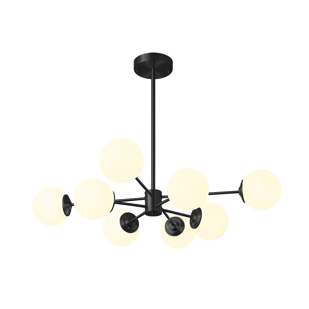 Opal Glass Globe Burst Chandelier, 8 Light Black Frame with Fixed Arms on Several Planes, Dining Table & Kitchen Island