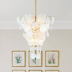 Frosted Glass Cone Chandelier, 12 Light, Layered Handmade Petals in Brass, Kitchen Island, Dining Room & Living Room