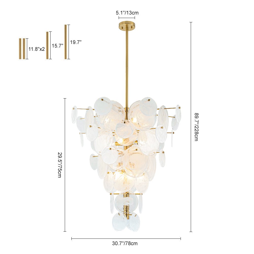 Frosted Glass Cone Chandelier, 12 Light, Layered Handmade Petals in Brass, Kitchen Island, Dining Room & Living Room