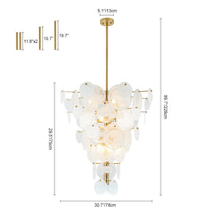 Frosted Glass Cone Chandelier, 12 Light, Layered Handmade Petals in Brass, Kitchen Island, Dining Room & Living Room
