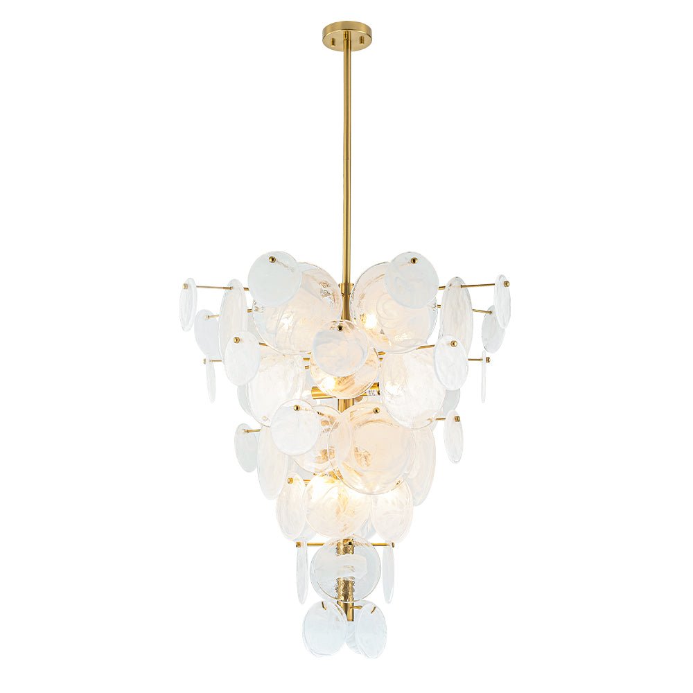 Frosted Glass Cone Chandelier, 12 Light, Layered Handmade Petals in Brass, Kitchen Island, Dining Room & Living Room
