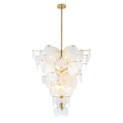 Frosted Glass Cone Chandelier, 12 Light, Layered Handmade Petals in Brass, Kitchen Island, Dining Room & Living Room