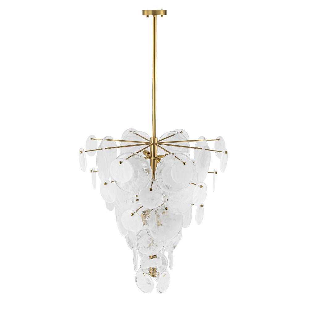 Frosted Glass Cone Chandelier, 12 Light, Layered Handmade Petals in Brass, Kitchen Island, Dining Room & Living Room