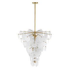Frosted Glass Cone Chandelier, 12 Light, Layered Handmade Petals in Brass, Kitchen Island, Dining Room & Living Room