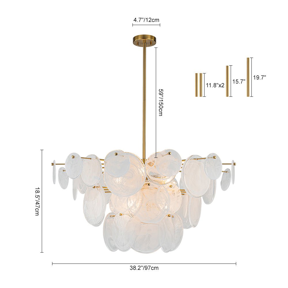 Frosted Glass Cone Chandelier, 12 Light, Layered Handmade Petals in Brass, Kitchen Island, Dining Room & Living Room