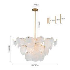 Frosted Glass Cone Chandelier, 12 Light, Layered Handmade Petals in Brass, Kitchen Island, Dining Room & Living Room