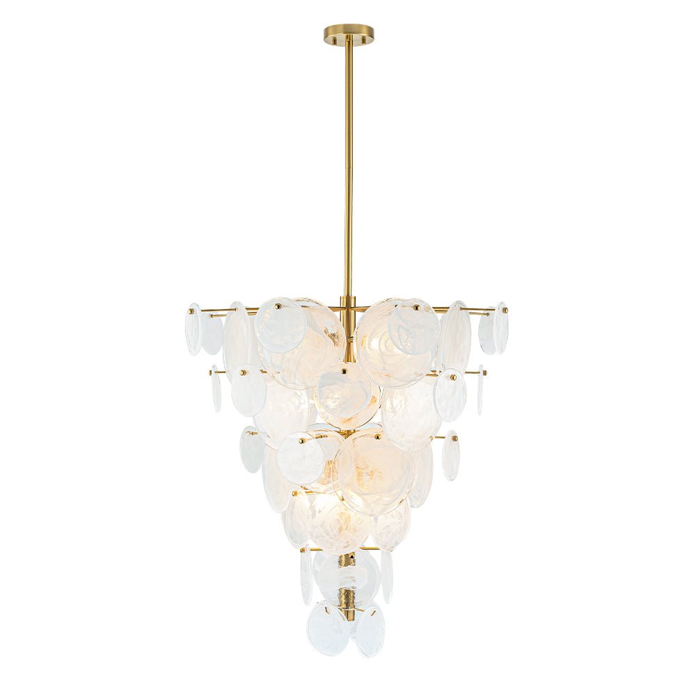 Frosted Glass Cone Chandelier, 12 Light, Layered Handmade Petals in Brass, Kitchen Island, Dining Room & Living Room