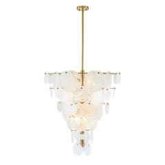 Frosted Glass Cone Chandelier, 12 Light, Layered Handmade Petals in Brass, Kitchen Island, Dining Room & Living Room