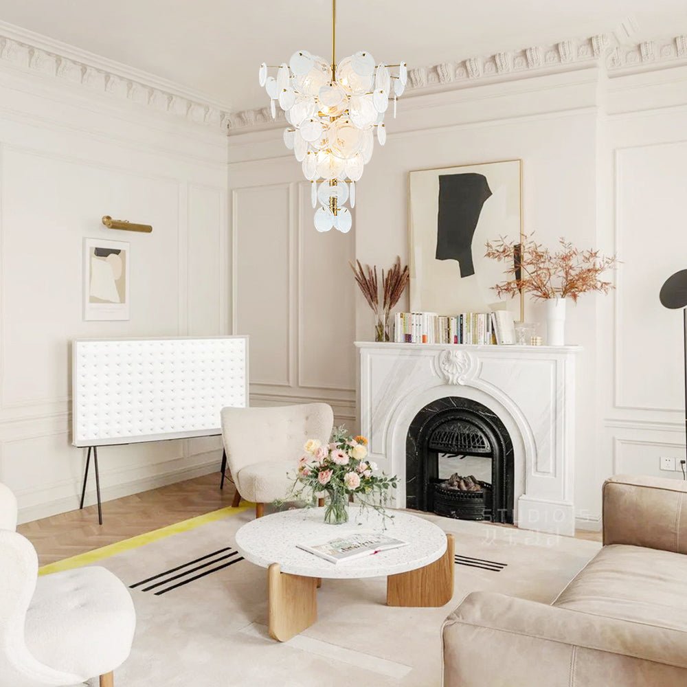 Frosted Glass Cone Chandelier, 12 Light, Layered Handmade Petals in Brass, Kitchen Island, Dining Room & Living Room