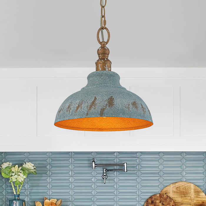 Antique Blue Patina Metal Dome Pendant Light