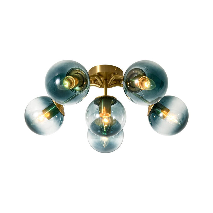 Brass Blue Glass Sputnik Bubble Semi Flush Chandelier