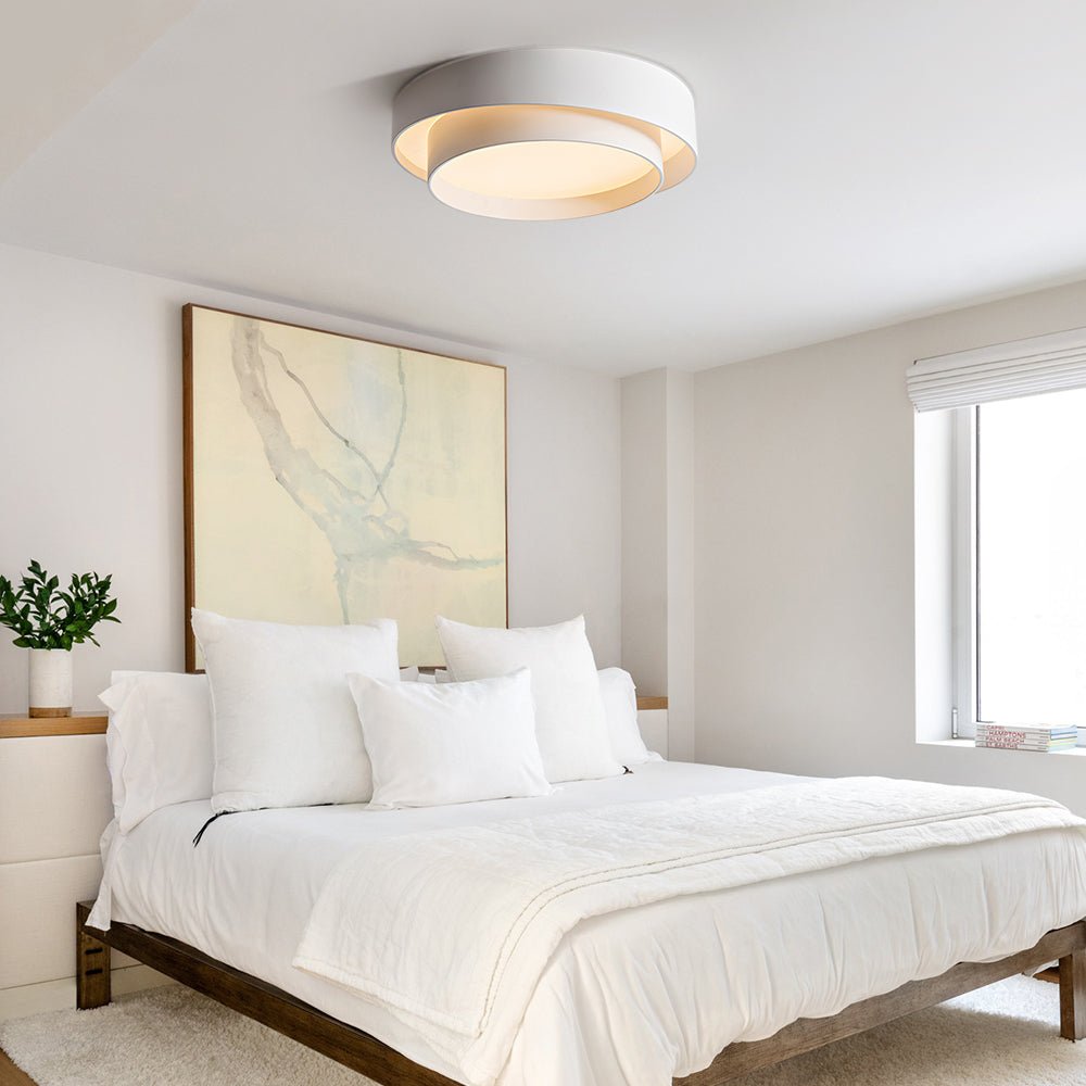 Concentric Ring Flush Ceiling Light, Black Metal Frame with Opal Diffuser, Integrated LED, Low Ceiling & Bedroom