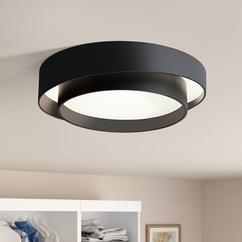 Concentric Ring Flush Ceiling Light, Black Metal Frame with Opal Diffuser, Integrated LED, Low Ceiling & Bedroom