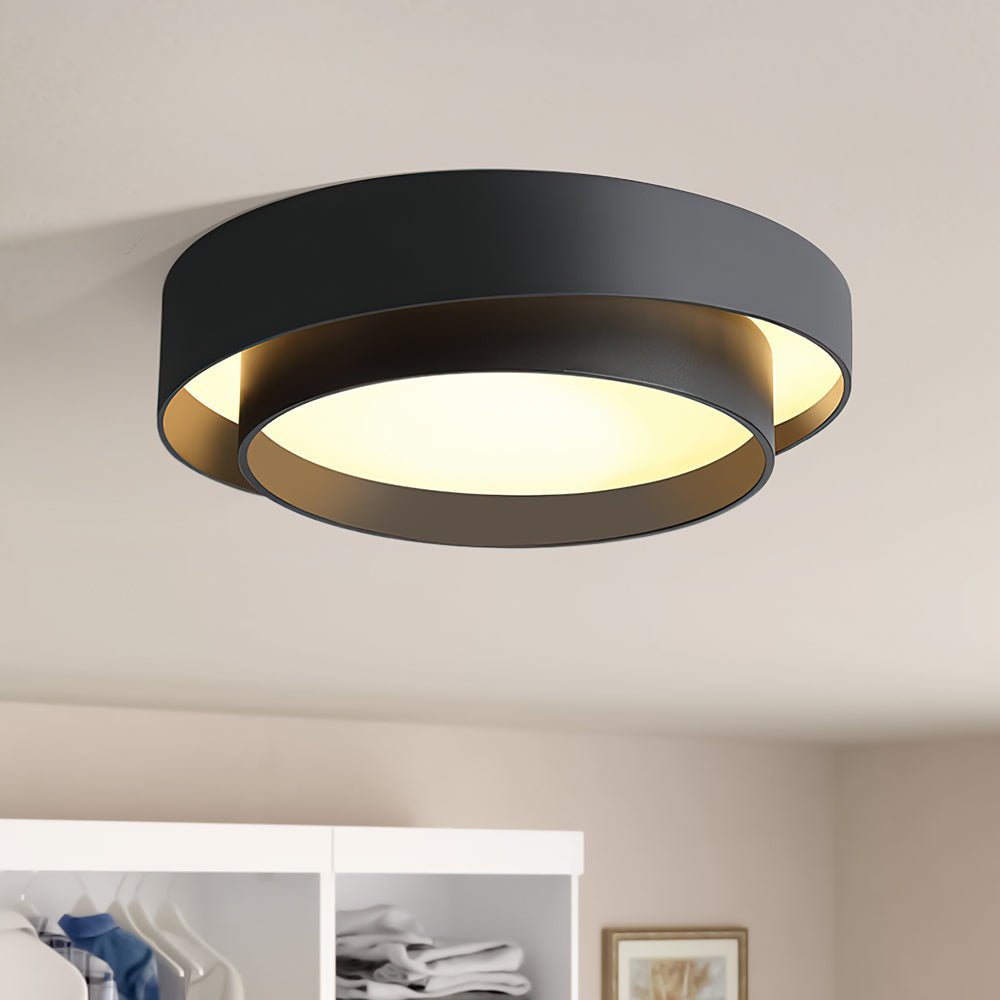 Concentric Ring Flush Ceiling Light, Black Metal Frame with Opal Diffuser, Integrated LED, Low Ceiling & Bedroom