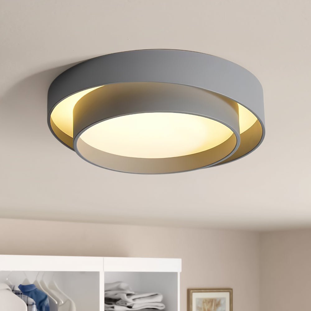 Concentric Ring Flush Ceiling Light, Grey Metal Frame with Opal Diffuser, Integrated LED, Low Ceiling & Bedroom