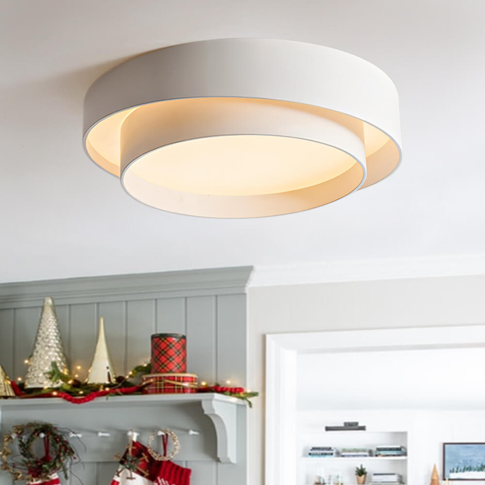 Concentric Ring Flush Ceiling Light, Black Metal Frame with Opal Diffuser, Integrated LED, Low Ceiling & Bedroom