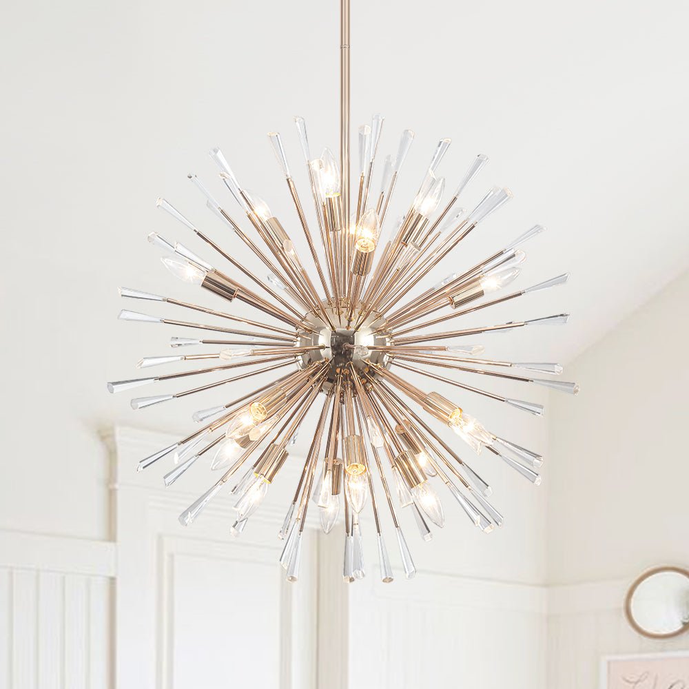 Crystal Starburst Chandelier, Brass Finish, 16 Light Radiating Arms, Faceted Crystal Detail, Dining Room & Living Room