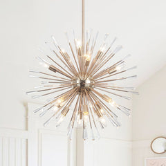 Crystal Starburst Chandelier, Brass Finish, 16 Light Radiating Arms, Faceted Crystal Detail, Dining Room & Living Room