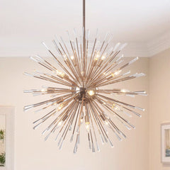 Crystal Starburst Chandelier, Brass Finish, 20 Light Radiating Arms, Faceted Crystal Detail, Dining Room & Living Room