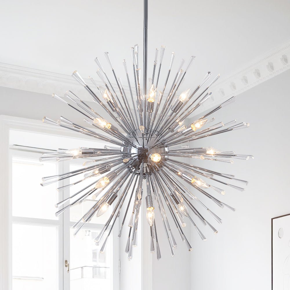 Crystal Starburst Chandelier, Chrome Finish, 20 Light Radiating Arms, Faceted Crystal Detail, Dining Room & Living Room