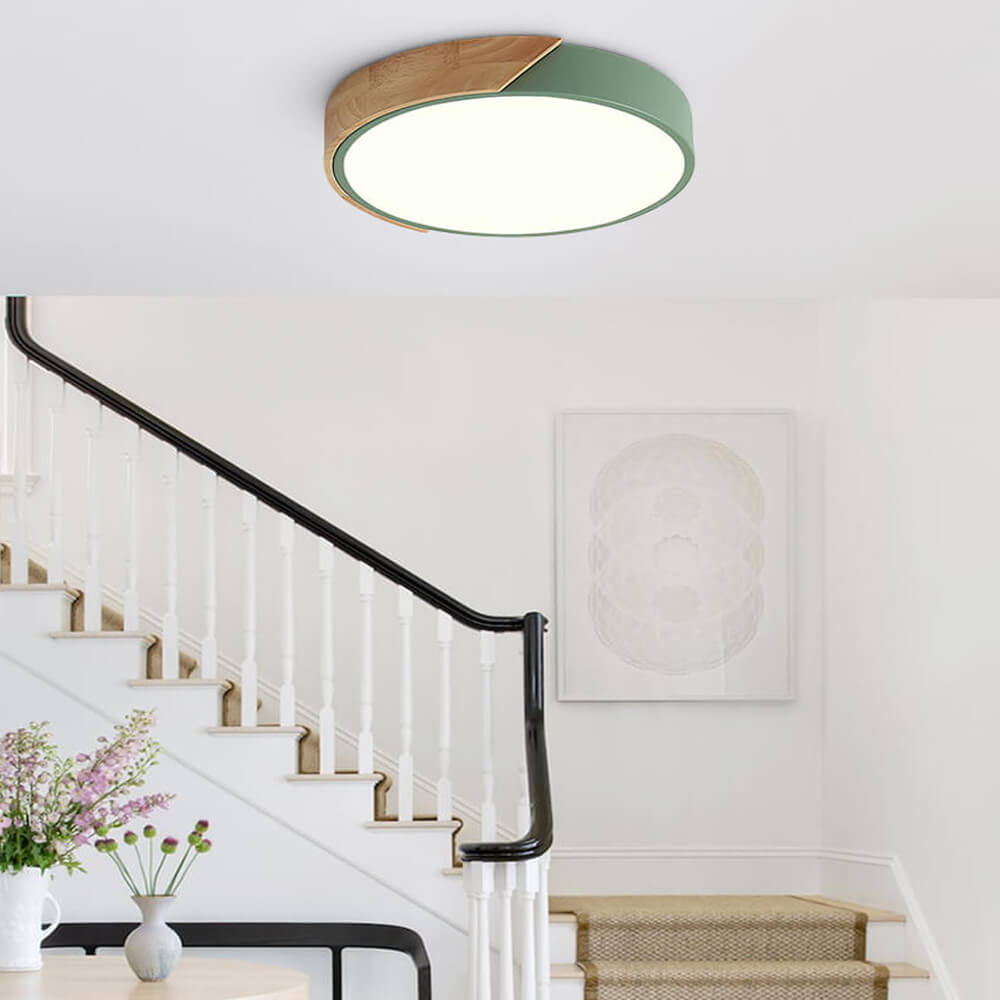 Dimmable Metal and Wood Circle Flush Mount Ceiling Light